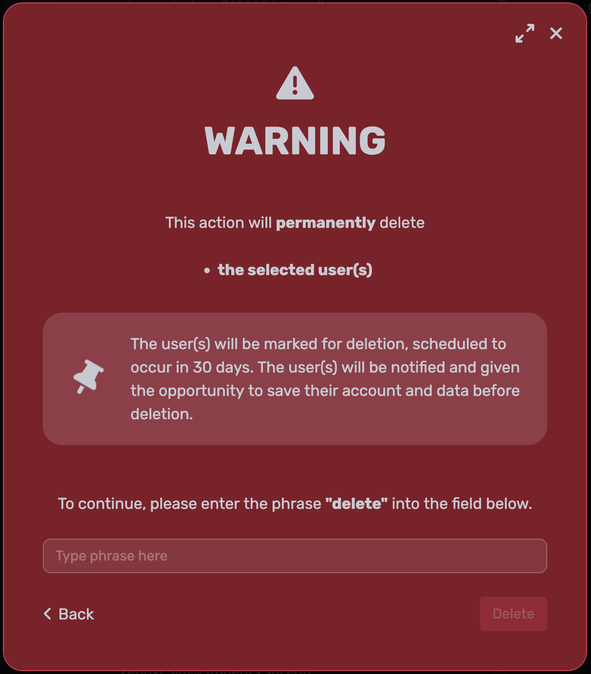 delete user warning modal